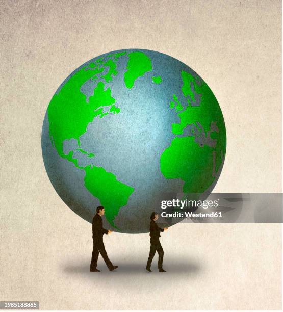 man and woman carrying planet earth against beige background - imagination world stock illustrations