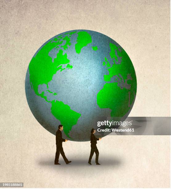 man and woman carrying planet earth against beige background - globe navigational equipment stock illustrations