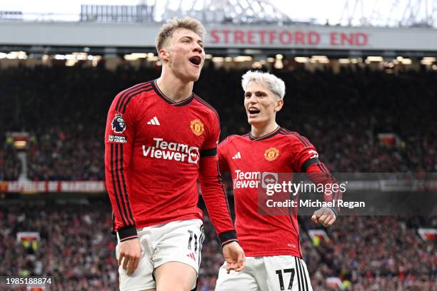 Rasmus Hojlund of Manchester United celebrates with Alejandro Garnacho of Manchester United after scoring his team's first goal during the Premier...