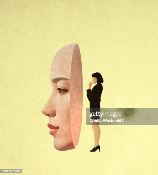 stockillustraties, clipart, cartoons en iconen met thoughtful woman standing behind oversized female mask - beeldmanipulatie