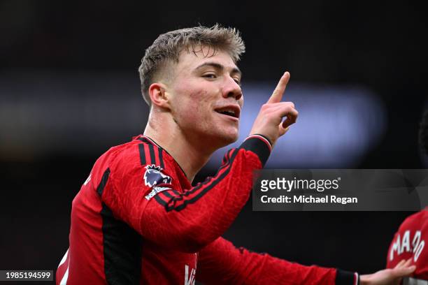 Rasmus Hojlund of Manchester United celebrates scoring his team's first goal during the Premier League match between Manchester United and West Ham...