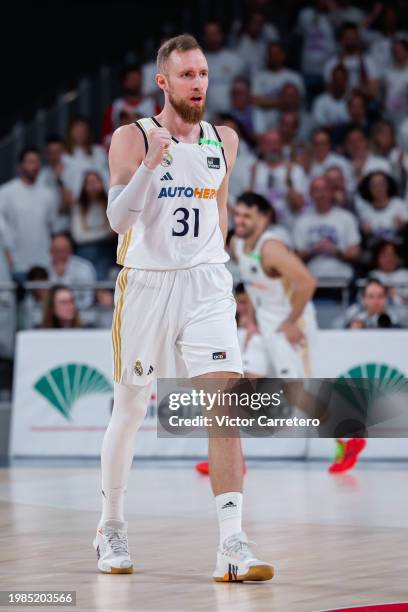 Dzanan Musa player of Real Madrid celebrates in court in action in the match between Real Madrid and Basquet Girona - ACB Liga Endesa at WiZink...