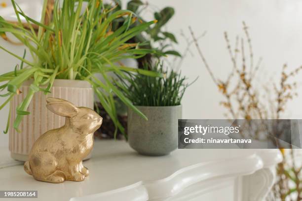 festive golden easter bunny, wreath and spring houseplants on a mantelpiece - mantelpiece stock pictures, royalty-free photos & images
