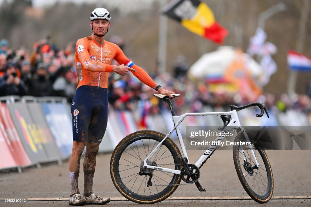 Mathieu Van Der Poel of The Netherlands celebrates at finish line