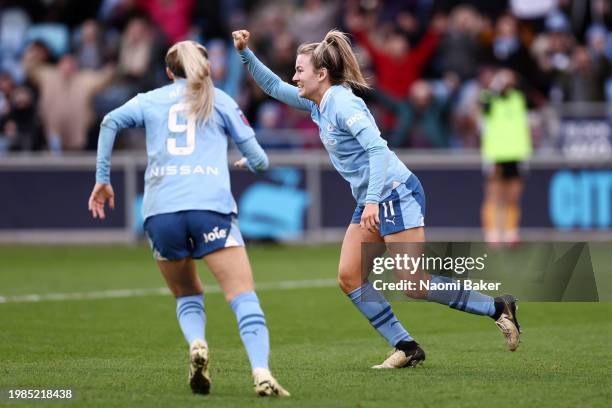 Lauren Hemp of Manchester City celebrates scoring her team's first goal during the Barclays Women's Super League match between Manchester City and...