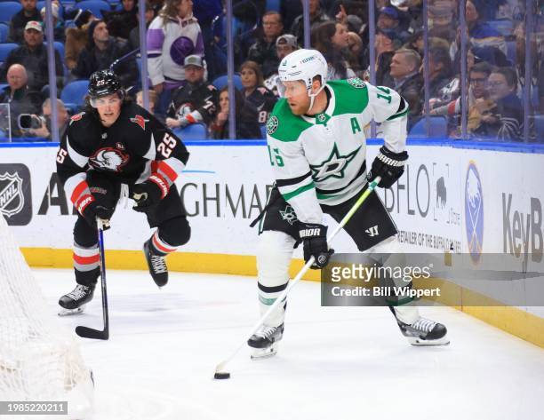 Joe Pavelski of the Dallas Stars skates in his 1300th NHL game against Owen Power of the Buffalo Sabres on February 6, 2024 at KeyBank Center in...