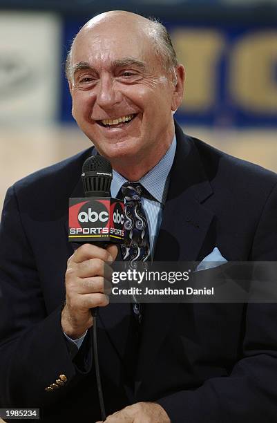 Dick Vitale of ABC announces the game between Notre Dame and Pittsburgh at Joyce Center at the University of Notre Dame on February 9, 2003 in South...