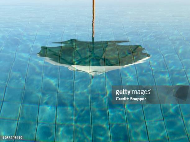reflection of a sun umbrella in a swimming pool with turquoise water - reflection pool imagens e fotografias de stock