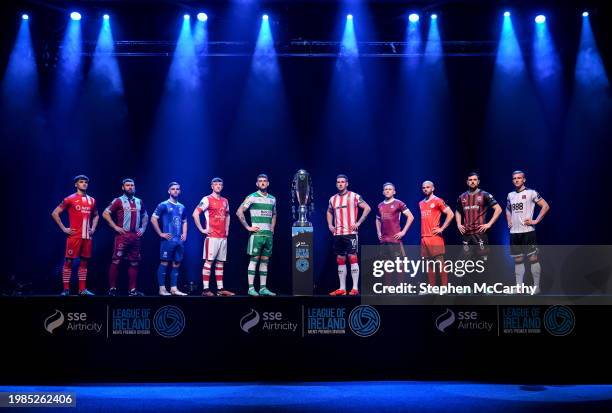 Dublin , Ireland - 7 February 2024; League of Ireland Premier Division players, from left, Niall Morahan of Sligo Rovers, Gary Deegan of Drogheda...