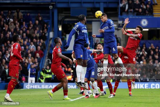 Thiago Silva of Chelsea heads the ball wide during the Premier League match between Chelsea FC and Wolverhampton Wanderers at Stamford Bridge on...