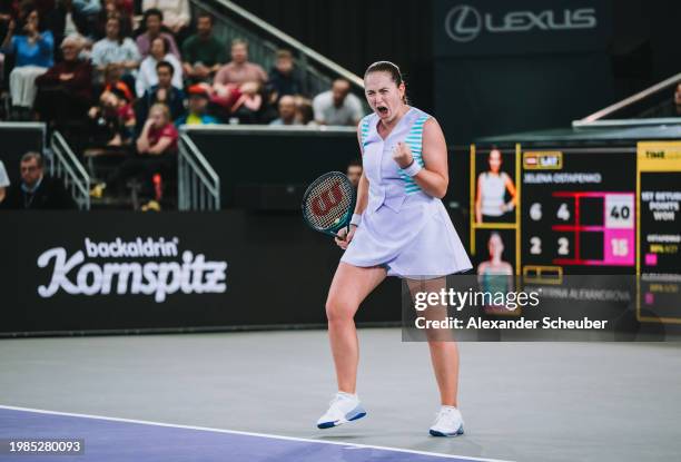 Jelena Ostapenko of Latvia celebrates winning during day eight of the Upper Austria Ladies Linz 2024 on February 04, 2024 in Linz, Austria.