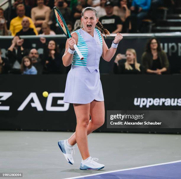 Jelena Ostapenko of Latvia celebrates winning during day eight of the Upper Austria Ladies Linz 2024 on February 04, 2024 in Linz, Austria.