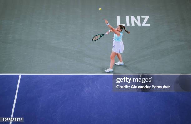 Jelena Ostapenko of Latvia in action during day eight of the Upper Austria Ladies Linz 2024 on February 04, 2024 in Linz, Austria.