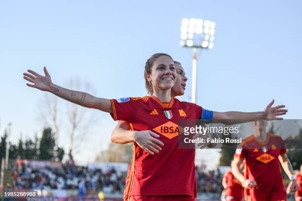 Roma player Manuela Giugliano celebrates after scored the first goal for her team during the Women Serie A match between AS Roma and Juventus at...