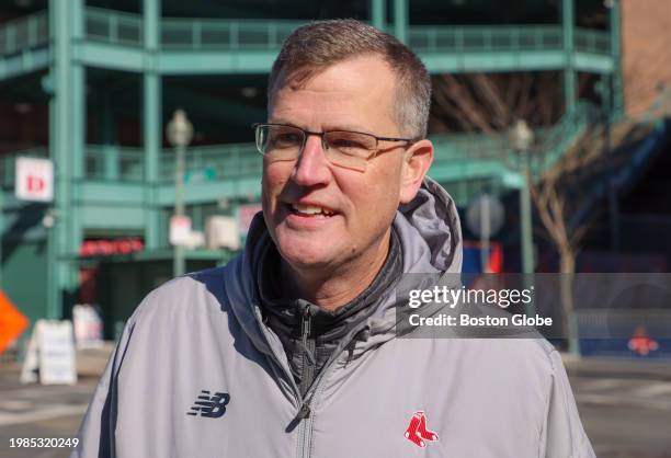 Boston, MA Boston Red Sox President and CEO Sam Kennedy talks to the media during the Red Sox truck day where they load their equipment on a truck to...