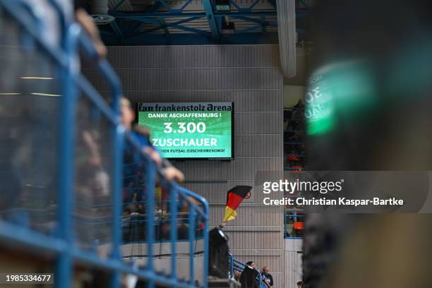 Scoreboard shows the new spactator record of 3300 spectators during the Futsal Friendly match between Germany and Spain at F.a.n. Frankenstolzarena...