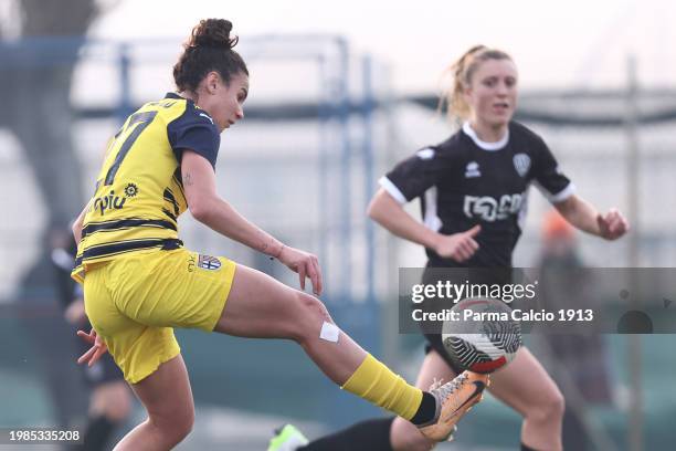 Gaia Distefano of Parma Calcio 1913 in action during the Serie B Women match between Cesena FC and Parma Calcio 1913 on February 04, 2024 in Cesena,...