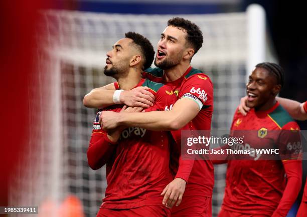 Matheus Cunha of Wolverhampton Wanderers celebrates scoring his team's fourth goal and hat trick during the Premier League match between Chelsea FC...