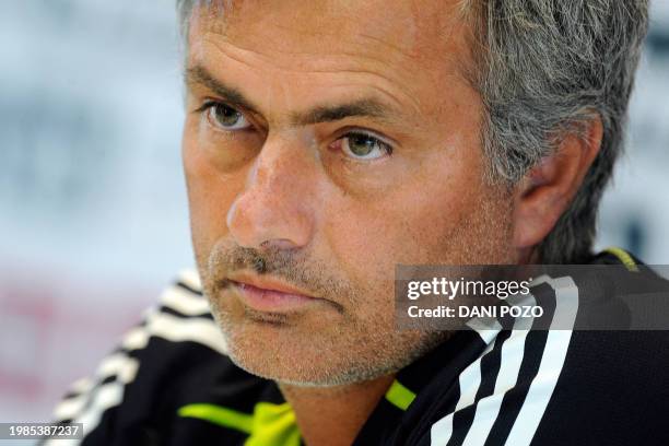 Real Madridfootball team coach Portuguese Jose Mourinho gives a press conference after a training session at Real Madrid's sport City in Madrid on...