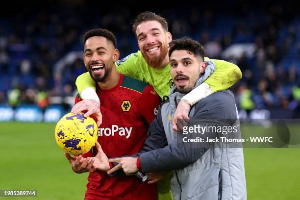 Matheus Cunha of Wolverhampton Wanderers celebrates with the match ball after the team's victory and his hat trick during the Premier League match...