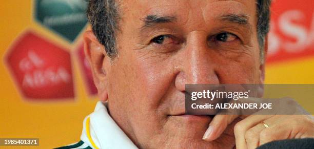 South Africa's national football team coach Carlos Parreira of Brazil gives a press conference on June 1, 2010 in Johannesburg to announce the names...