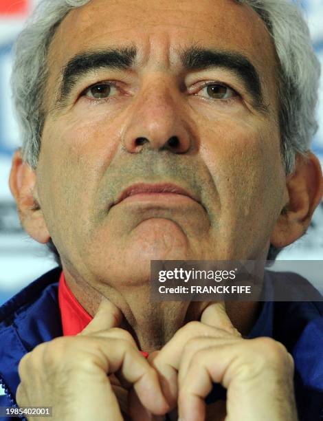 French football national team coach Raymond Domenech makes a speech before a training session, on May 29 in Sousse, as part of the preparation for...