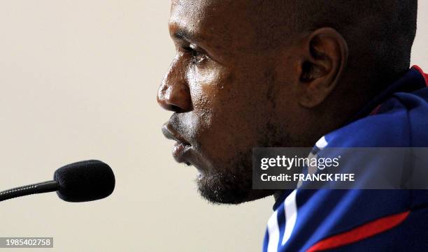 French football national team's defender Eric Abidal speaks during a press conference before a training session on May 29 in Sousse, as part of the...