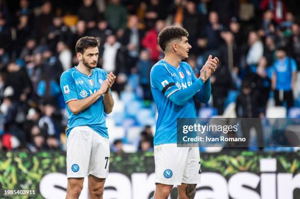 Khvicha Kvaratskhelia and Giovanni Di Lorenzo of SSC Napoli celebrate after the Serie A TIM match between SSC Napoli and Hellas Verona FC at Stadio...