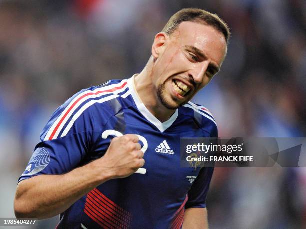 French forward Franck Ribery celebrates after scoring a goal during the friendly football match France vs. Costa-Rica at the Bollaert Stadium in Lens...