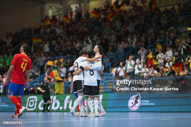 Christopher Wittig of Germany celebrates after scoring his team’s first goal during the Futsal Friendly match between Germany and Spain at F.a.n....