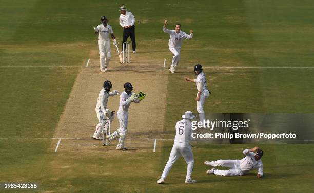 Jonny Bairstow celebrates after catching Jasprit Bumrah of India off the bowling of Tom Hartley during day three of the 2nd Test Match between India...