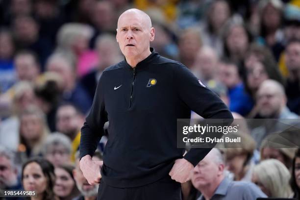 Head coach Rick Carlisle of the Indiana Pacers looks on in the first quarter against the Sacramento Kings at Gainbridge Fieldhouse on February 02,...