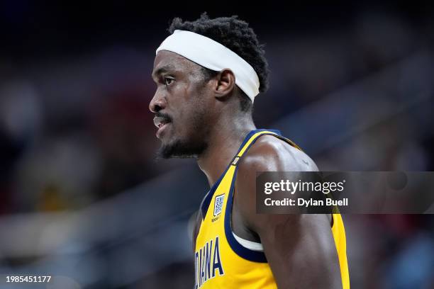 Pascal Siakam of the Indiana Pacers looks on in the first quarter against the Sacramento Kings at Gainbridge Fieldhouse on February 02, 2024 in...