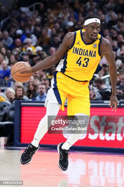 Pascal Siakam of the Indiana Pacers dribbles the ball in the third quarter against the Sacramento Kings at Gainbridge Fieldhouse on February 02, 2024...