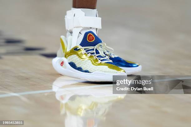 Detail view of the Under Armour sneakers worn by De'Aaron Fox of the Sacramento Kings in the third quarter against the Indiana Pacers at Gainbridge...