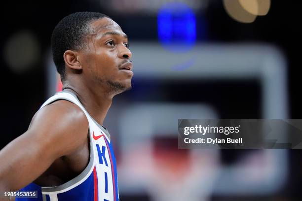 De'Aaron Fox of the Sacramento Kings looks on in the third quarter against the Indiana Pacers at Gainbridge Fieldhouse on February 02, 2024 in...