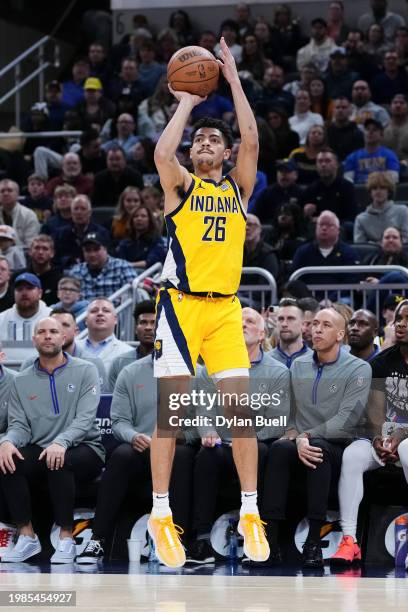 Ben Sheppard of the Indiana Pacers attempts a shot in the third quarter against the Sacramento Kings at Gainbridge Fieldhouse on February 02, 2024 in...