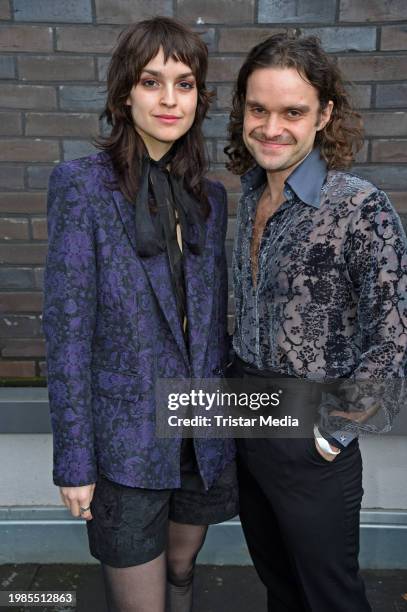 Luise Befort and Tristan Brusch attend the Danny Reinke fashion show as part of Berlin Fashion Week AW24 at Verti Music Hall on February 7, 2024 in...