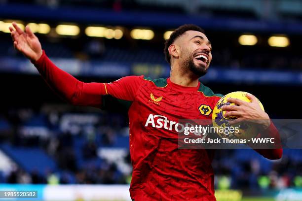 Matheus Cunha of Wolverhampton Wanderers celebrates towards the Wolves fans following victory in the Premier League match between Chelsea FC and...