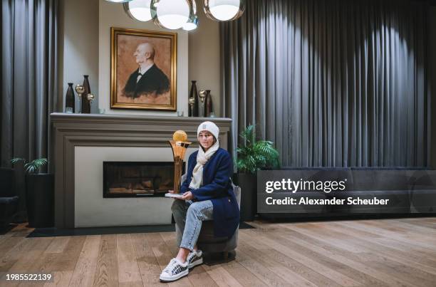 Jelena Ostapenko of Latvia poses with the winners trophy during day eight of the Upper Austria Ladies Linz 2023 on February 04, 2024 in Linz, Austria.