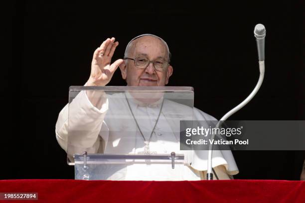 Pope Francis delivers his Sunday Angelus blessing from his studio overlooking St. Peter's Square on February 04, 2024 in Vatican City, Vatican....