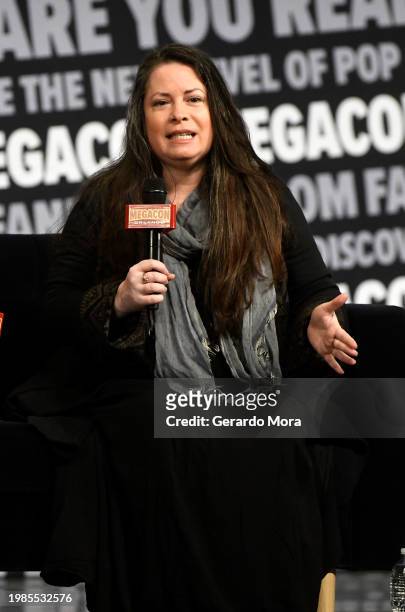Actress Holly Marie Combs speaks during a Q&A session at MegaCon Orlando 2024 at Orange County Convention Center on February 04, 2024 in Orlando,...
