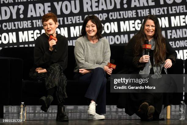 Rose McGowan, Shannen Doherty and Holly Marie Combs speak during a Q&A session at MegaCon Orlando 2024 at Orange County Convention Center on February...