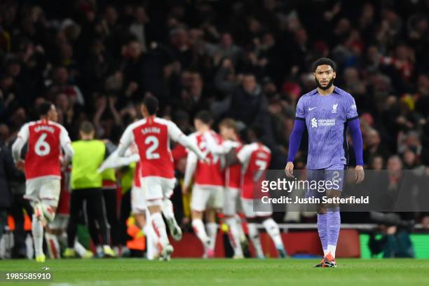 Joe Gomez of Liverpool looks dejected after Gabriel Martinelli of Arsenal scores his team's second goal during the Premier League match between...
