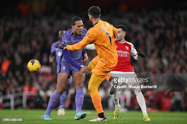 Defensive error from Virgil van Dijk and Alisson Becker of Liverpool leads to Gabriel Martinelli of Arsenal taking a shot and scoring his teams...