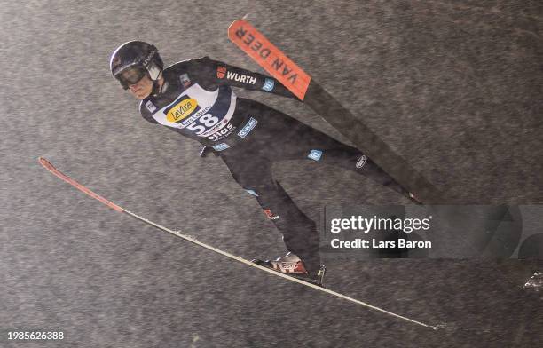 Andreas Wellinger of Germany competes oduring the FIS World Cup Ski Jumping Men Individual HS147 on February 04, 2024 in Willingen, Germany.