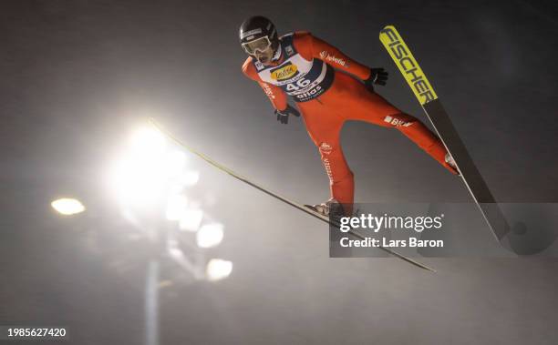 Gregor Deschwanden of Switzerland competes during the FIS World Cup Ski Jumping Men Individual HS147 on February 04, 2024 in Willingen, Germany.