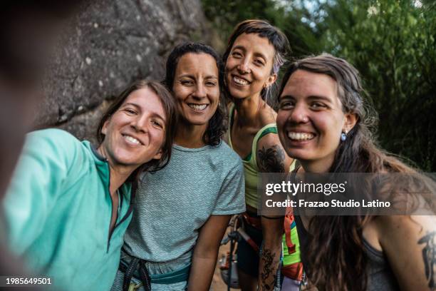 female climber friends taking a selfie outdoor - camera point of view - a point stock pictures, royalty-free photos & images