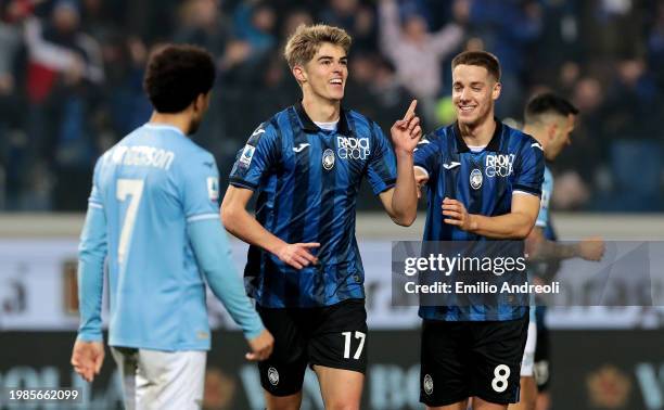 Charles De Ketelaere of Atalanta BC celebrates scoring his team's third goal during the Serie A TIM match between Atalanta BC and SS Lazio at Gewiss...