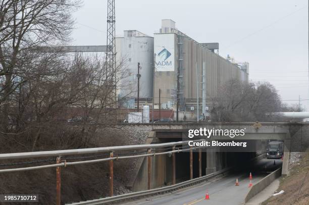 Grain elevators at the soybean processing facility at the Archer-Daniels-Midland Co. West Plant in Decatur, Illinois, US, on Tuesday, Feb. 6, 2024....